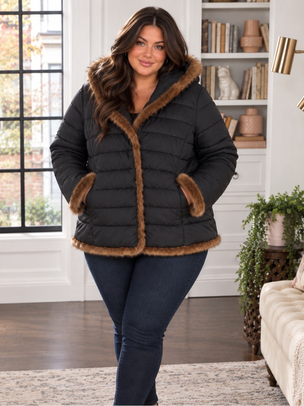 Dennis Basso 2X Black Quilted Puffer Jacket Faux Mink Trim Plus Size NWOT